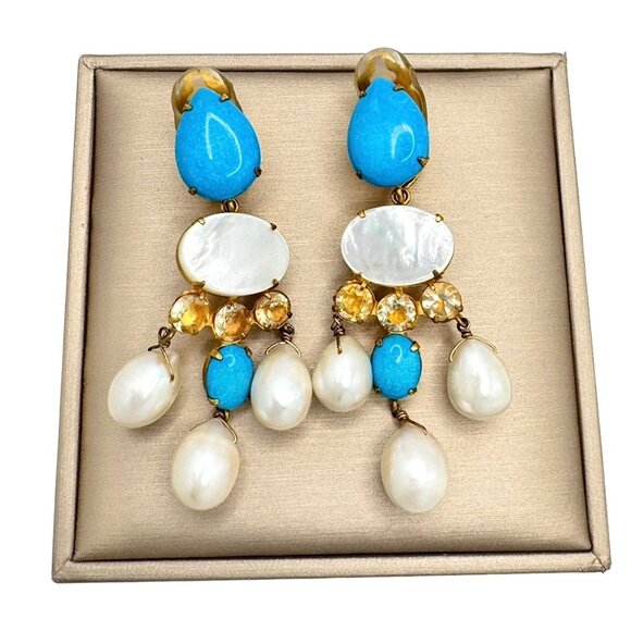 Bounkit Chandelier Earrings 14K Gold Plated Turquoise Pearls Clip-On 2-Ways - Picture 4 of 9